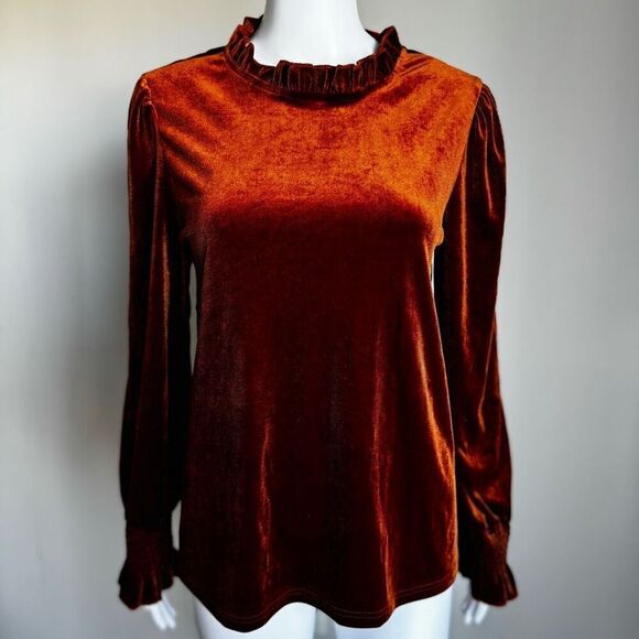 SHEIN Velvet Long Sleeve Top In Rust Withe Ruffle Hem Size M - Picture 2 of 6